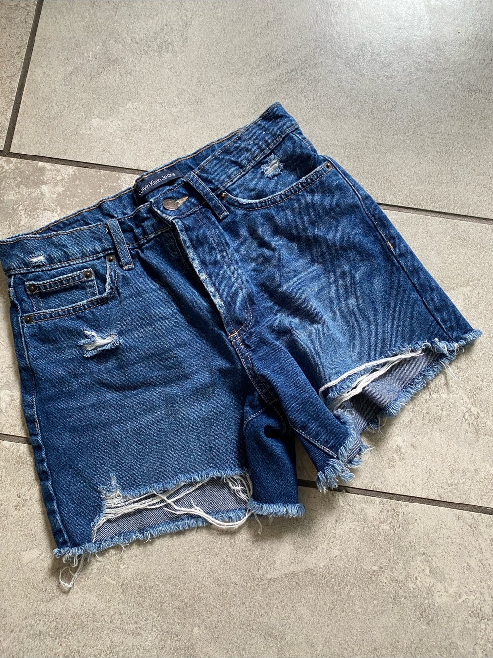 Calvin Klein Jeans High Rise Distressed Dark Blue Denim Cutoff Shorts